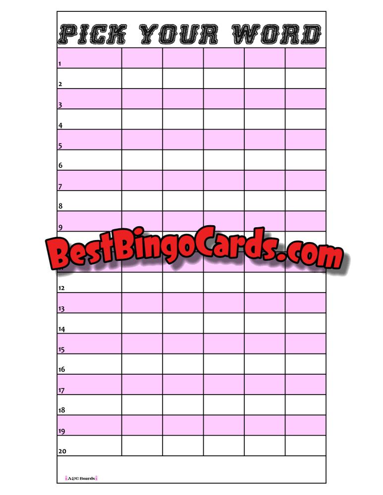 Bingo Board 1-20 Lines - Pick Your Word Letter Sets