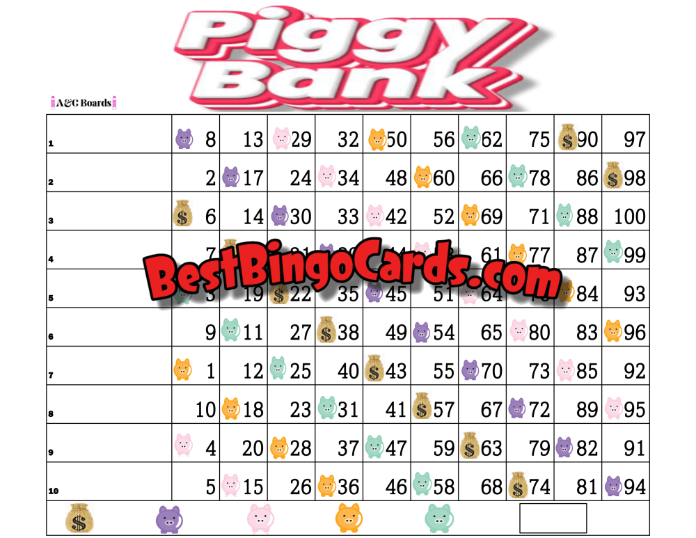 Bingo Boards 1-10 Line - Piggy Bank Straight Mixed 100 Ball Sets