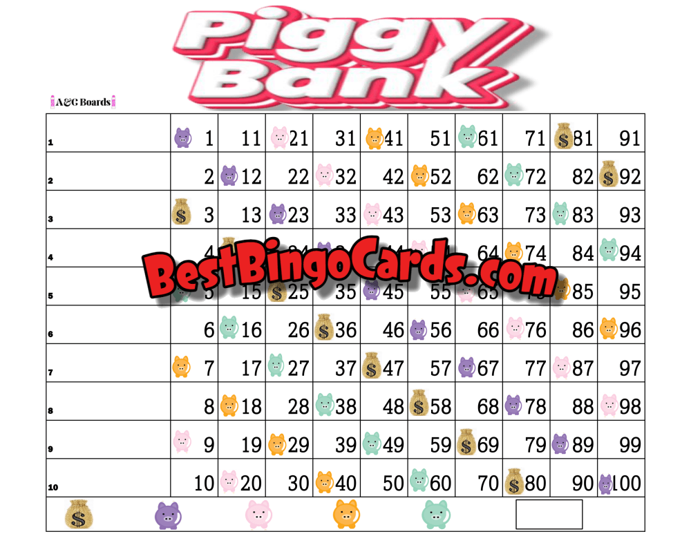 Bingo Boards 1-10 Line - Piggy Bank Straight Mixed 100 Ball Sets