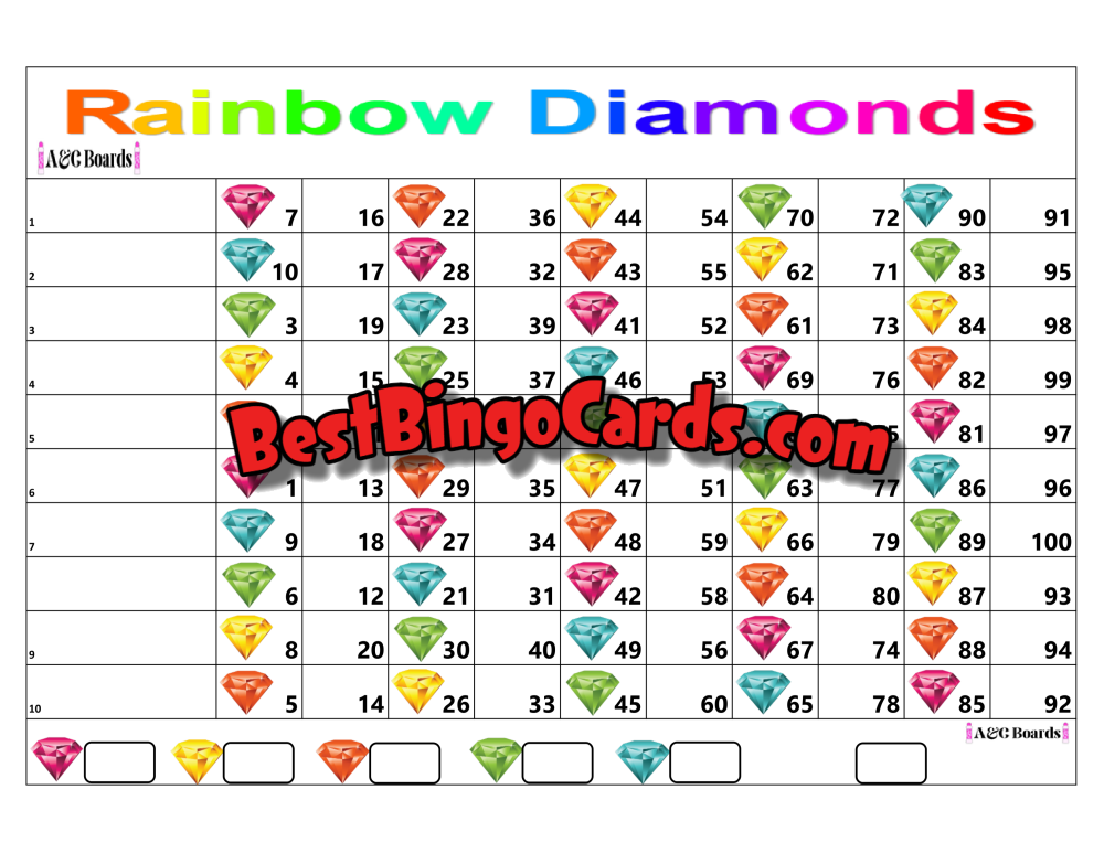 Bingo Boards 1-10 Line - Rainbow Diamonds Straight Mixed 100 Ball Sets
