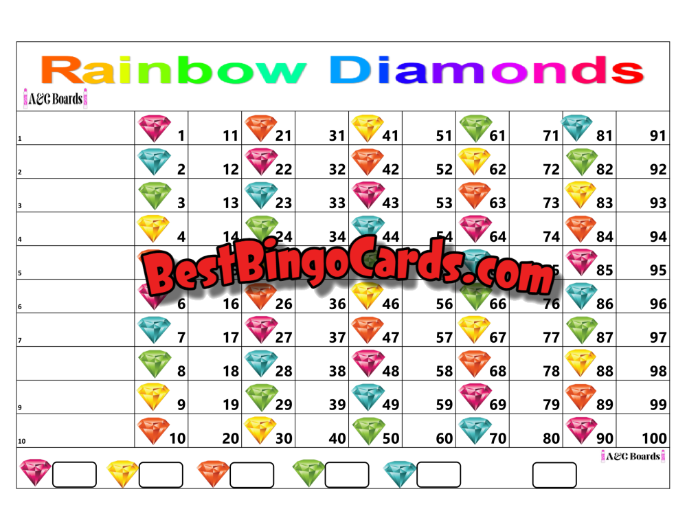 Bingo Boards 1-10 Line - Rainbow Diamonds Straight Mixed 100 Ball Sets