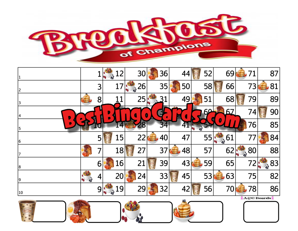 Bingo Boards 1-10 Lines - Breakfast Of Champions Straight Mixed 90 Ball Sets