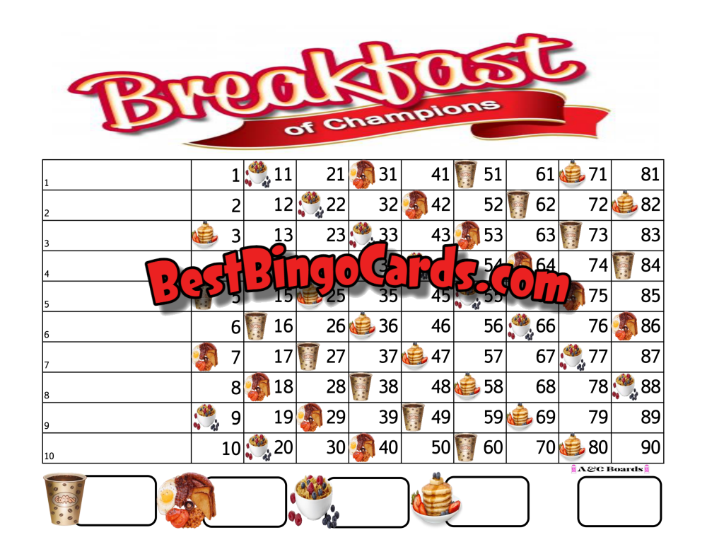 Bingo Boards 1-10 Lines - Breakfast Of Champions Straight Mixed 90 Ball Sets