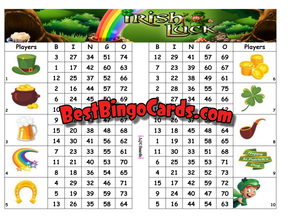 Bingo Boards 1-10 Player Block - Irish Luck Mixed 75 Ball Sets