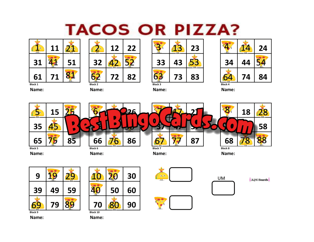 Bingo Boards 1-10 Player Block - Taco Or Pizza Straight Mixed 90 Ball Sets