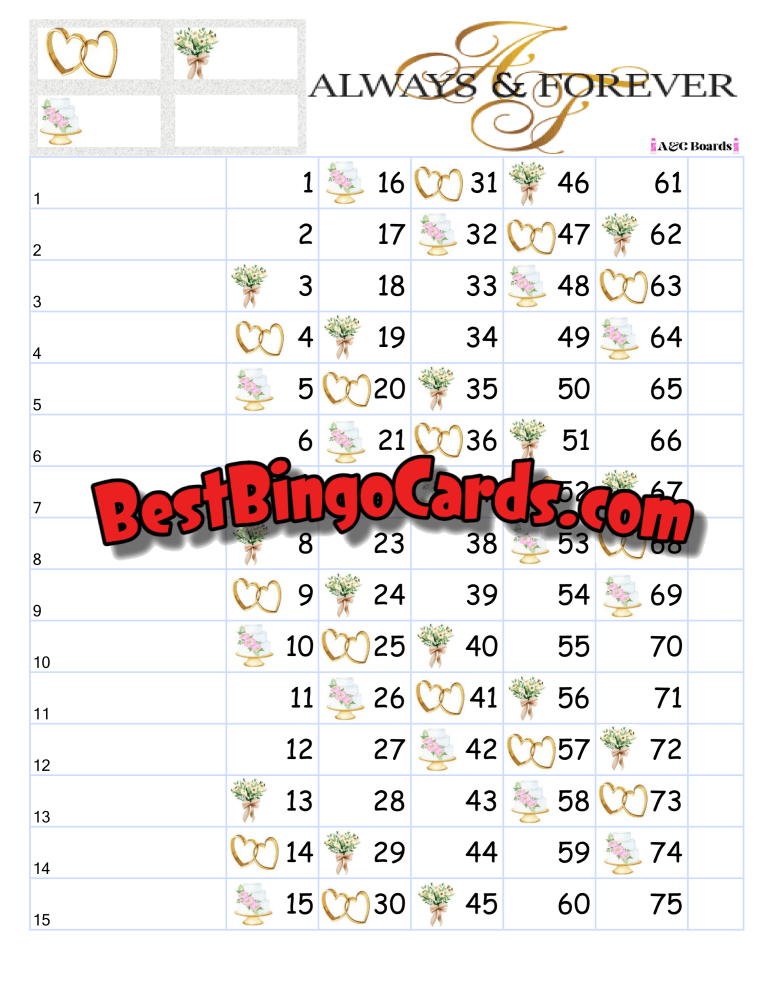 Bingo Boards 1-15 Line - Always And Forever Straight Mixed 75 Ball Sets