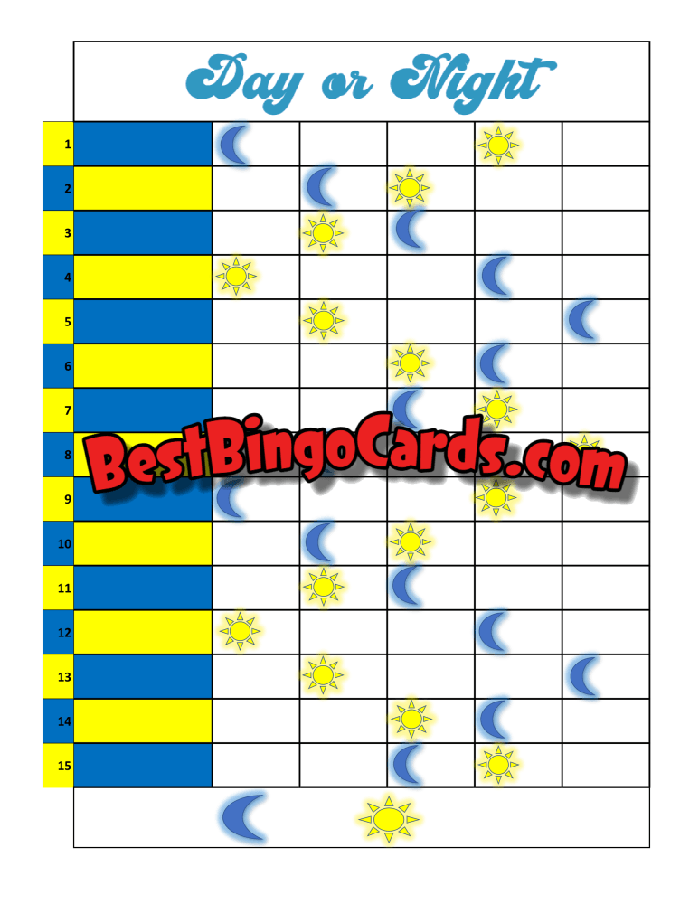 Bingo Boards 1-15 Line - Day Or Night Blank 75 Ball Sets