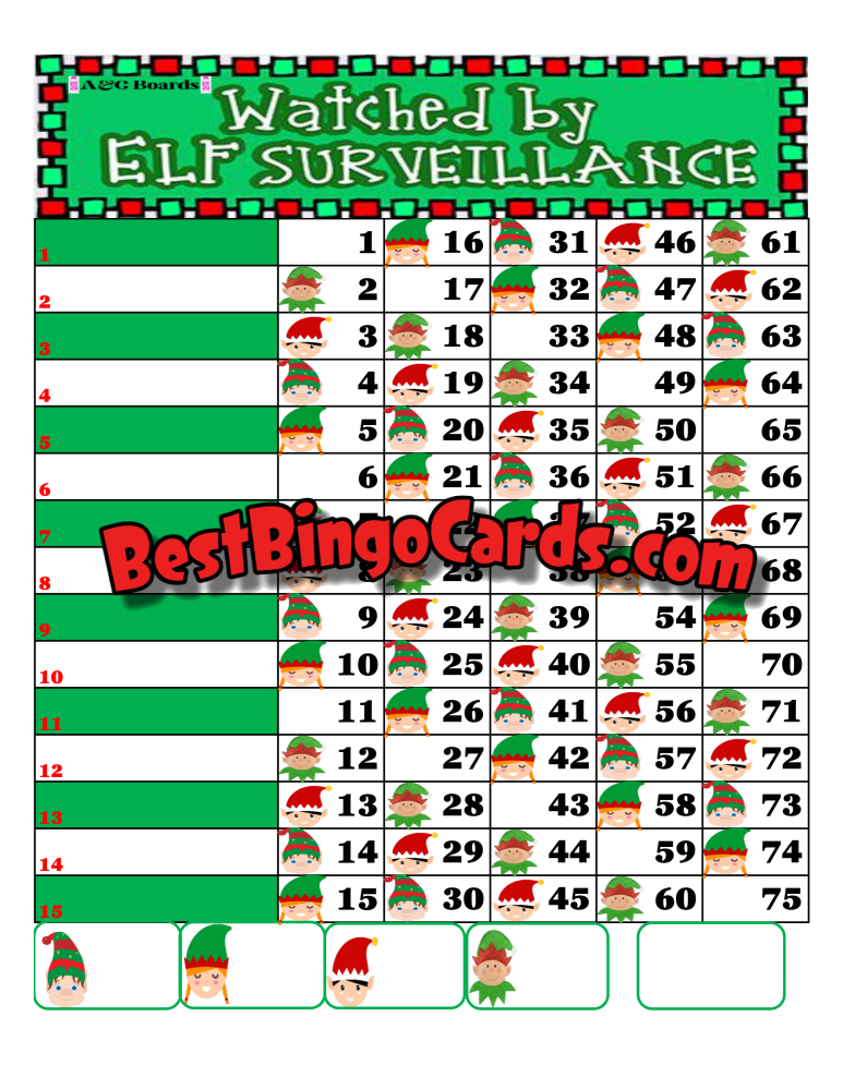 Bingo Boards 1-15 Line - Elf Surveillance Straight Mixed 75 Ball Sets