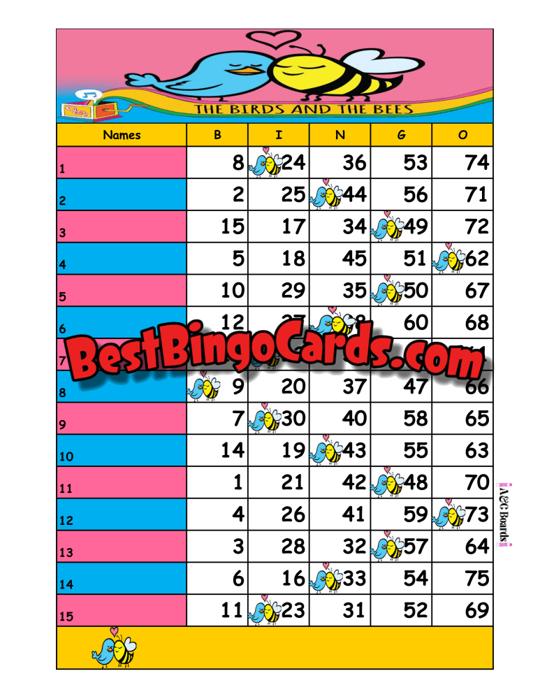 Bingo Boards 1-15 Line Houdini - Birds And Bees Straight Mixed 75 Ball Sets