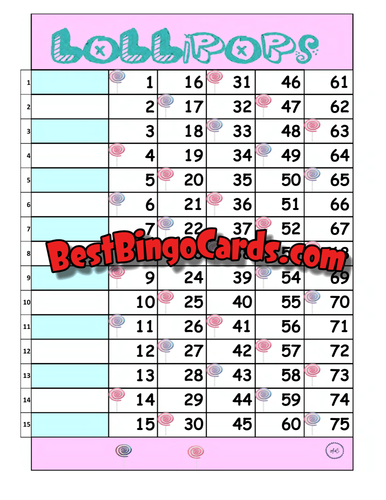 Bingo Boards 1-15 Line Houdini - Lollipops Straight Mixed 75 Ball Sets