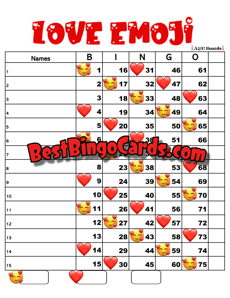 Bingo Boards 1-15 Line - Love Emoji Straight Mixed 75 Ball Sets