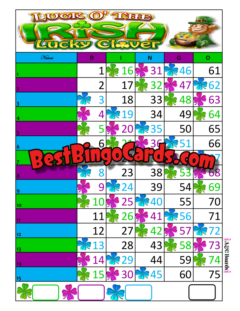 Bingo Boards 1-15 Line Houdini - Lucky Clover Straight Mixed 75 Ball
