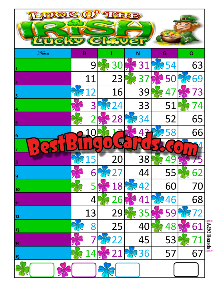 Bingo Boards 1-15 Line Houdini - Lucky Clover Straight Mixed 75 Ball