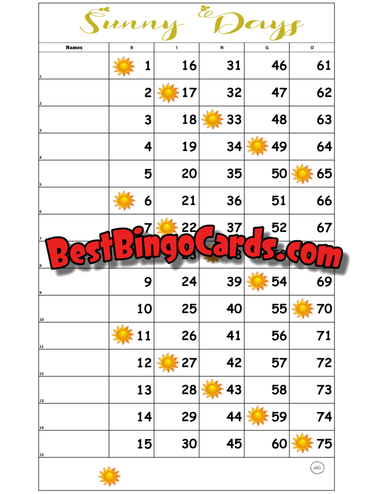 Bingo Boards 1-15 Line Houdini - Sunny Days Straight Mixed 75 Ball Sets