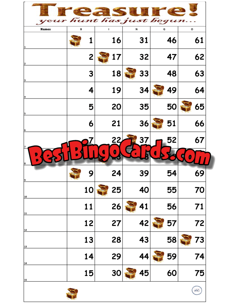 Bingo Boards 1-15 Line Houdini - Treasure Straight Mixed 75 Ball Sets