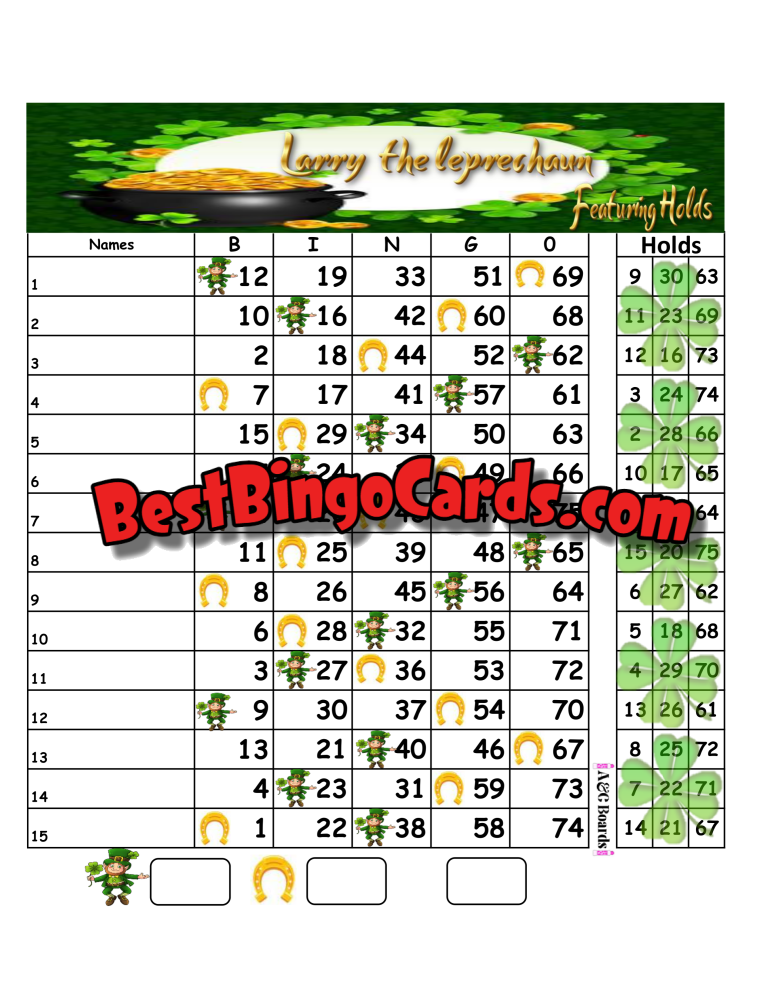 Bingo Boards 1-15 Line - Larry Leprechaun Ft Holds Straight Mixed 75 Ball Sets
