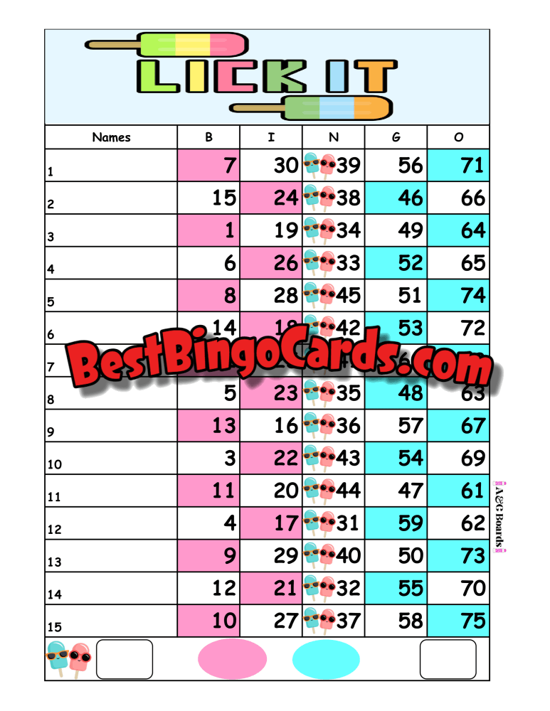 Bingo Boards 1-15 Line - Lick It Straight Mixed 75 Ball Sets