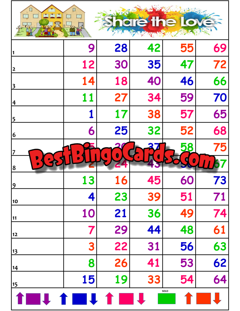 Bingo Boards 1-15 Line Neighbors - Share The Love Straight Mixed 75 Ball Sets