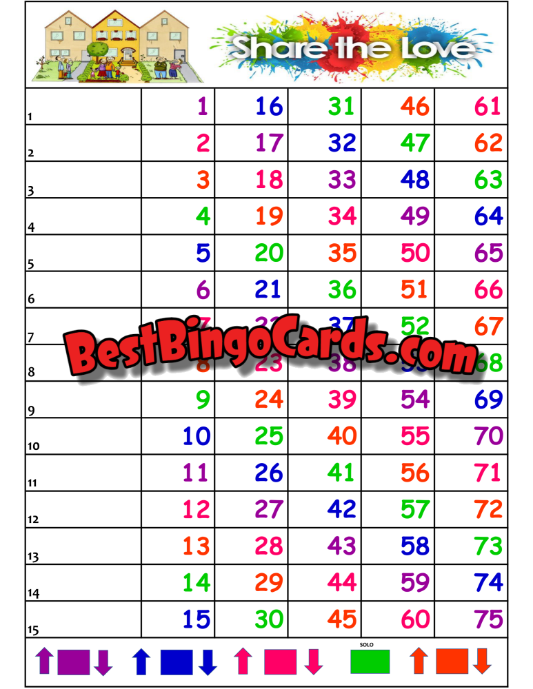 Bingo Boards 1-15 Line Neighbors - Share The Love Straight Mixed 75 Ball Sets
