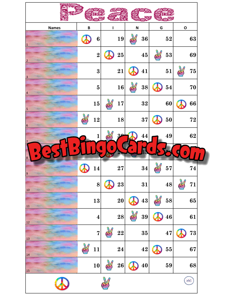 Bingo Boards 1-15 Line - Peace Straight Mixed 75 Ball Sets