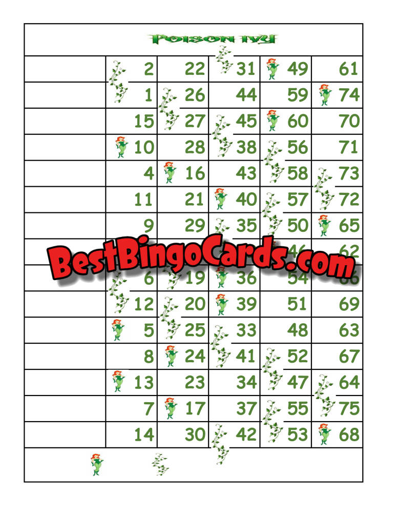 Bingo Boards 1-15 Line - Poison Ivy Straight Mixed 75 Ball Sets