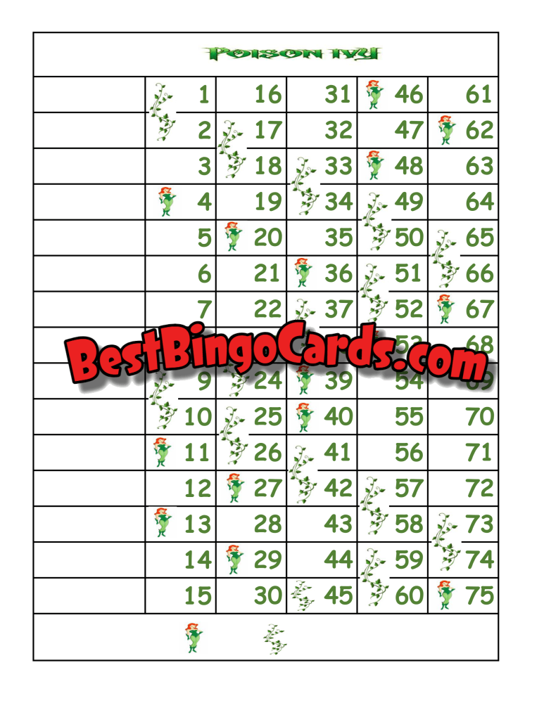 Bingo Boards 1-15 Line - Poison Ivy Straight Mixed 75 Ball Sets