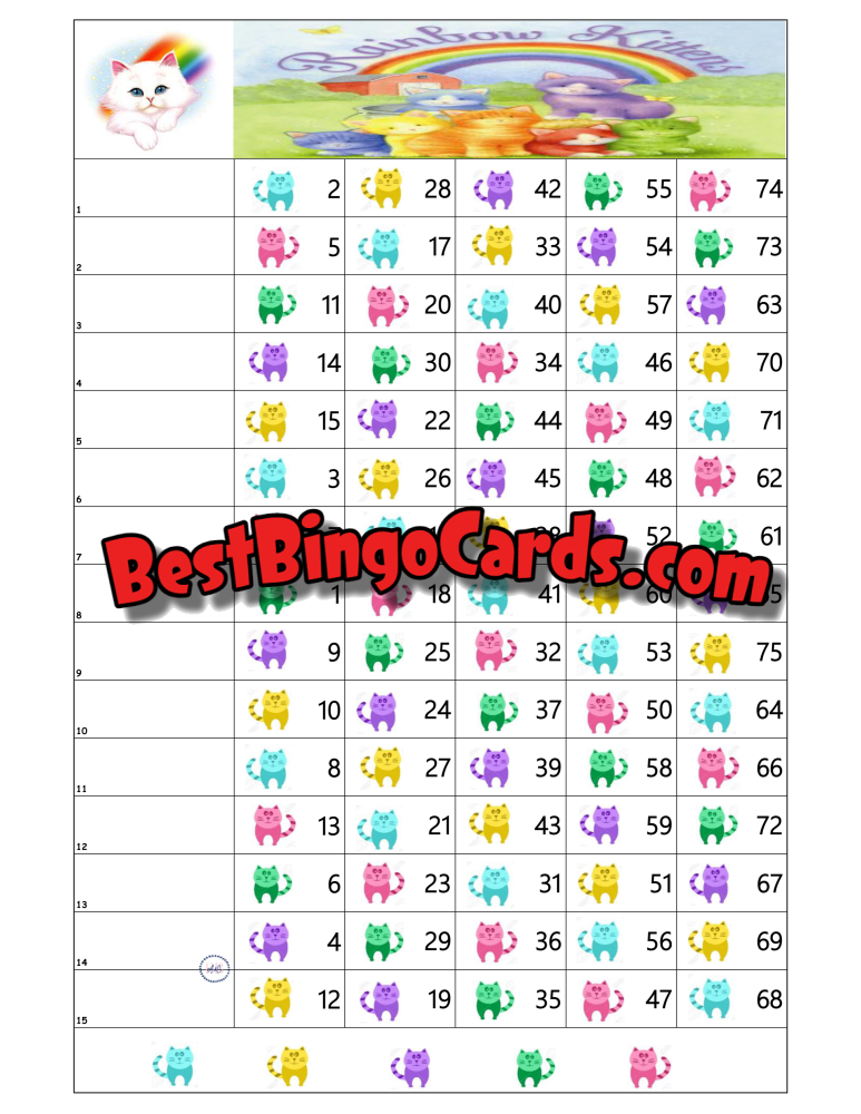 Bingo Boards 1-15 Line - Rainbow Kittens Straight Mixed 75 Ball Sets