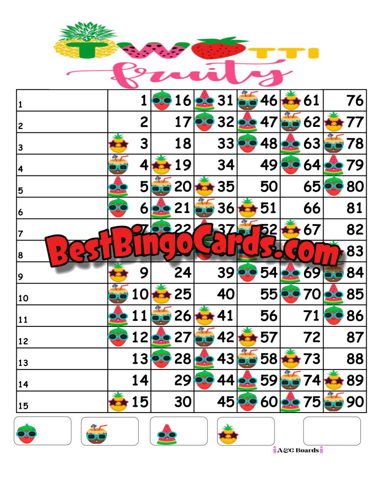 Bingo Boards 1-15 Line - Tutti Frutti Straight Mixed 90 Ball Sets