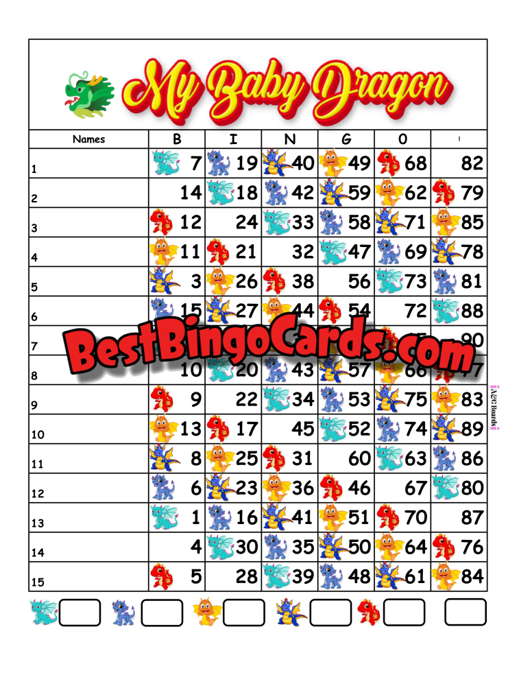 Bingo Boards 1-15 Lines - Baby Dragon Straight Mixed 90 Ball Sets