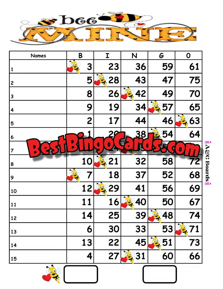 Bingo Boards 1-15 Lines - Bee Mine Straight Mixed (Houdini) 75 Ball Sets