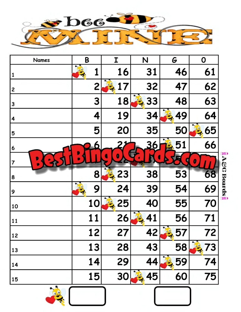Bingo Boards 1-15 Lines - Bee Mine Straight Mixed (Houdini) 75 Ball Sets