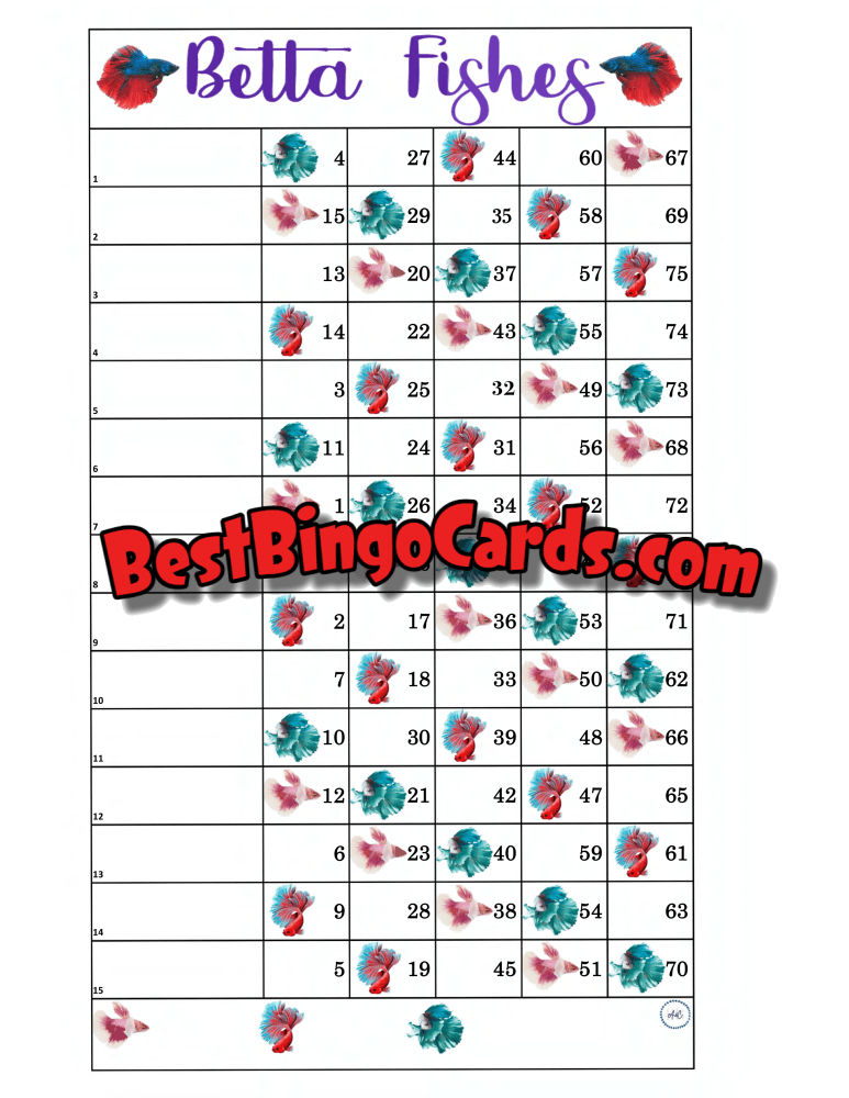 Bingo Boards 1-15 Lines - Betta Fish Straight And Mixed 75 Ball Sets
