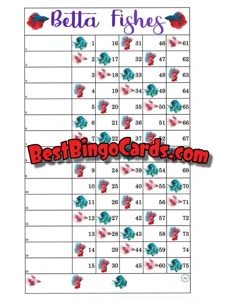 Bingo Boards 1-15 Lines - Betta Fish Straight And Mixed 75 Ball Sets