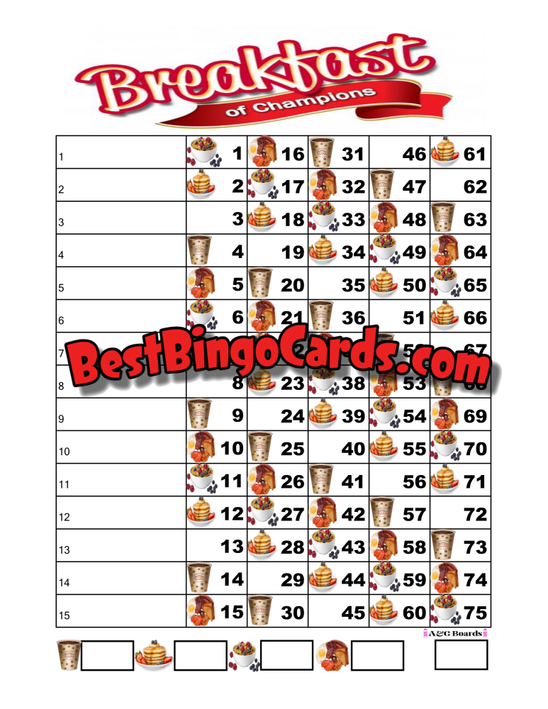 Bingo Boards 1-15 Lines - Breakfast Of Champions Straight Mixed 75 Ball Sets