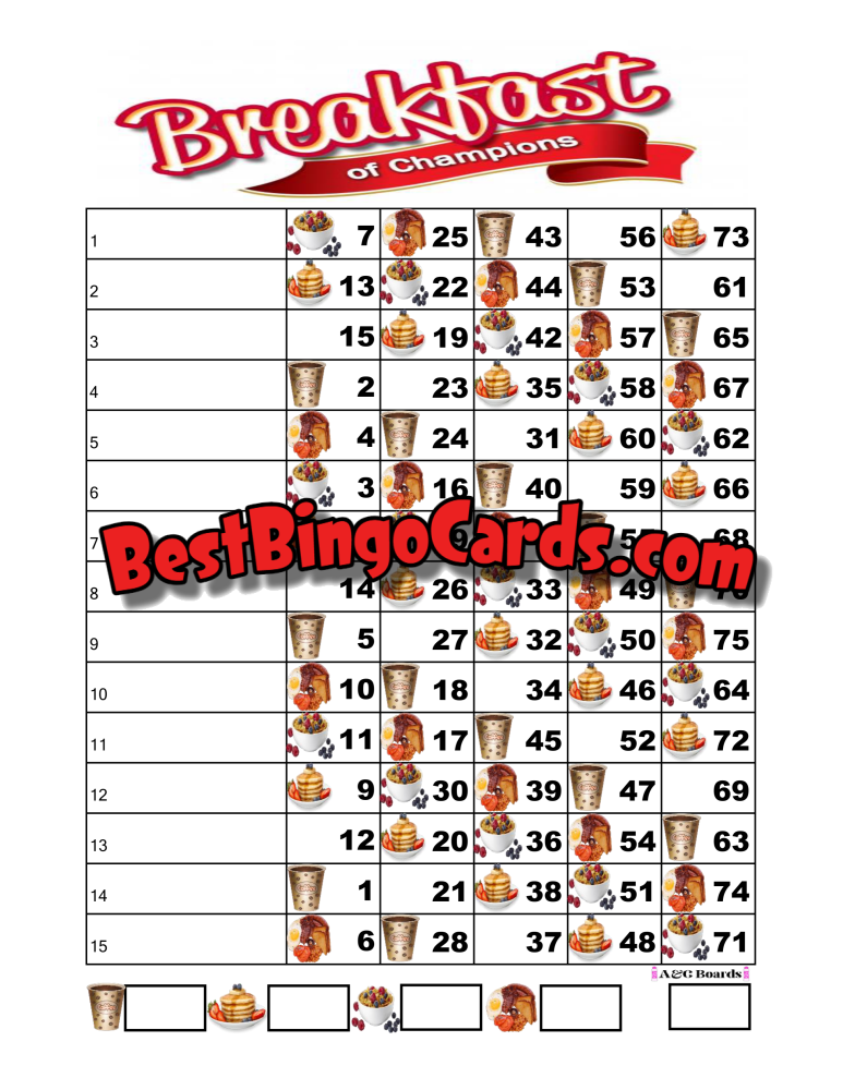 Bingo Boards 1-15 Lines - Breakfast Of Champions Straight Mixed 75 Ball Sets