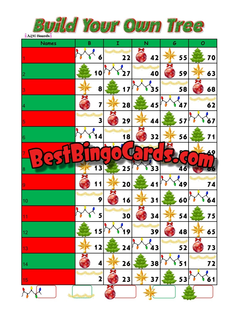 Bingo Boards 1-15 Lines - Build A Tree Straight And Mixed 75 Ball