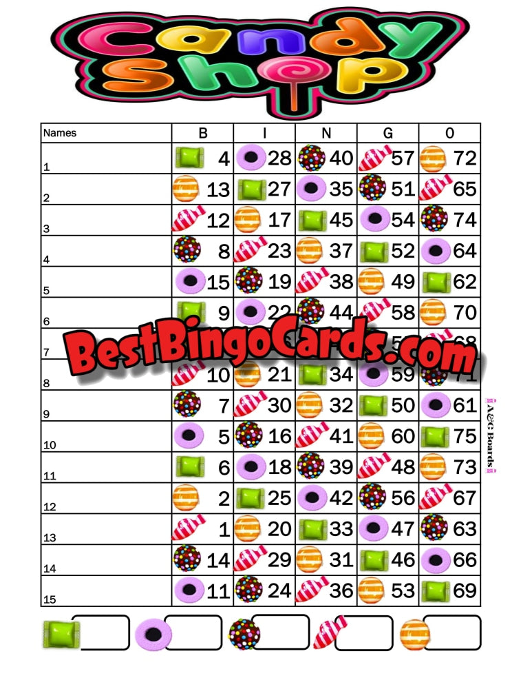 Bingo Boards 1-15 Lines - Candy Shop Straight Mixed 75 Ball Sets