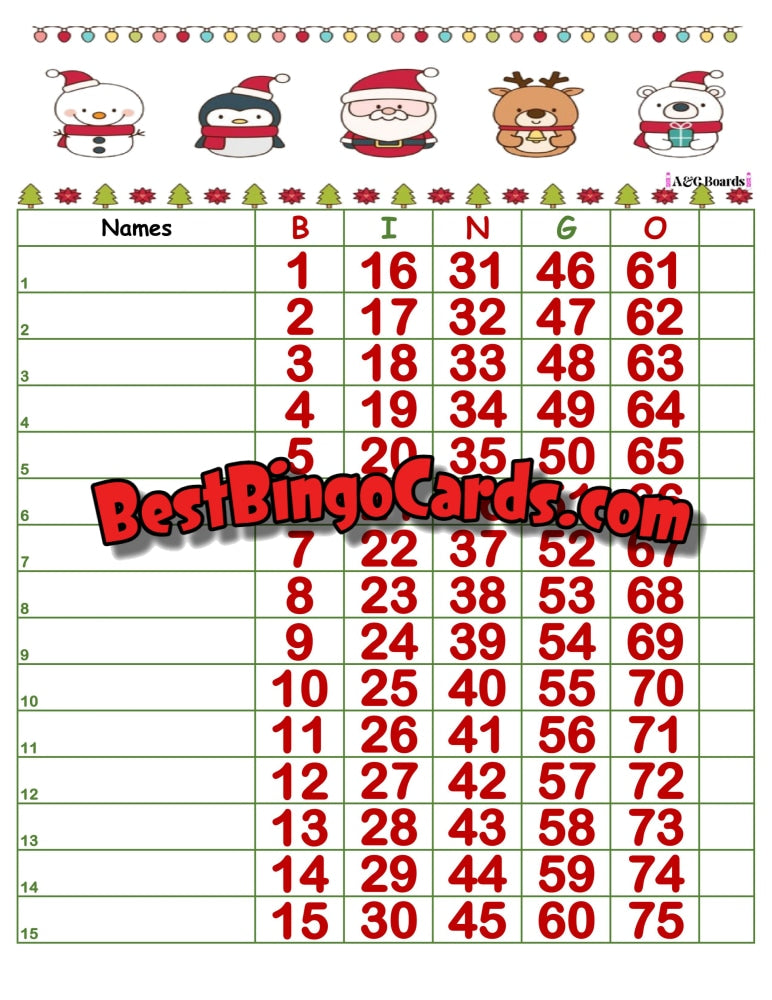 Bingo Boards 1-15 Lines - Christmas Straight Mixed 75 Ball Sets
