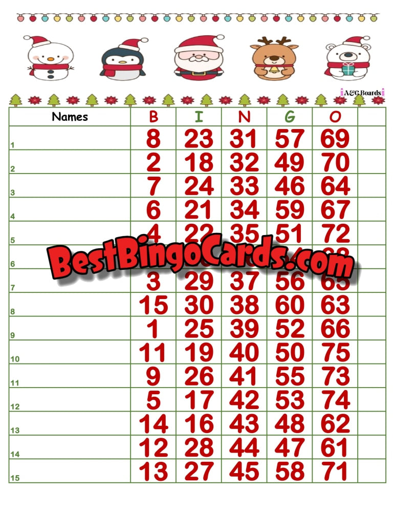 Bingo Boards 1-15 Lines - Christmas Straight Mixed 75 Ball Sets