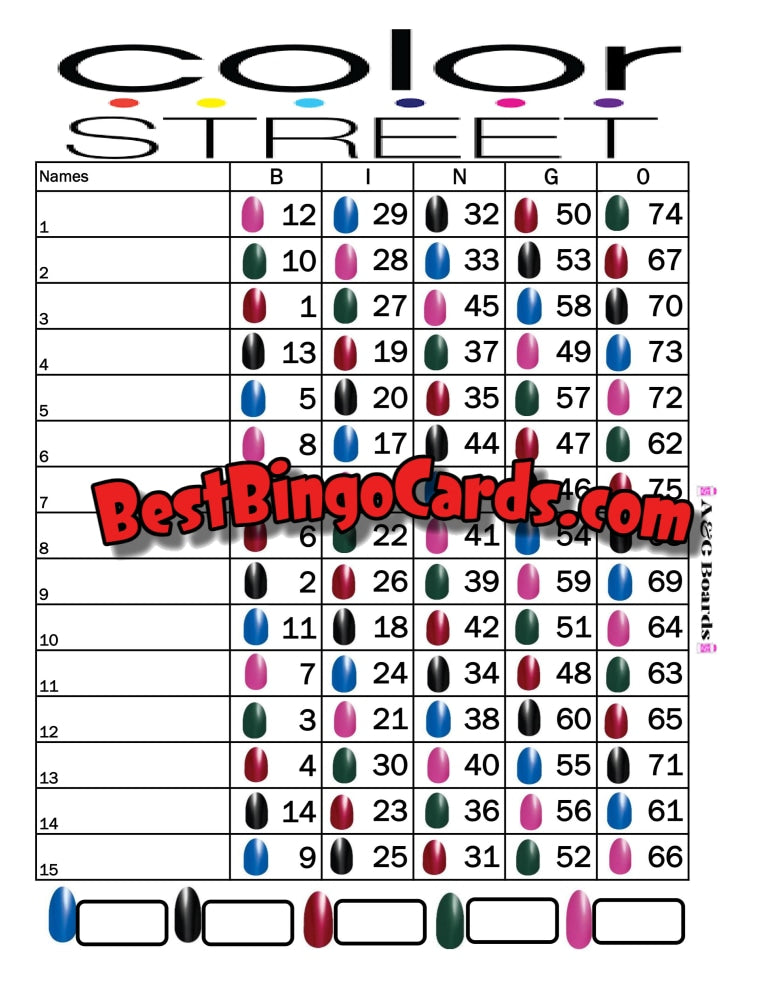 Bingo Boards 1-15 Lines - Color Street Straight Mixed 75 Ball Sets