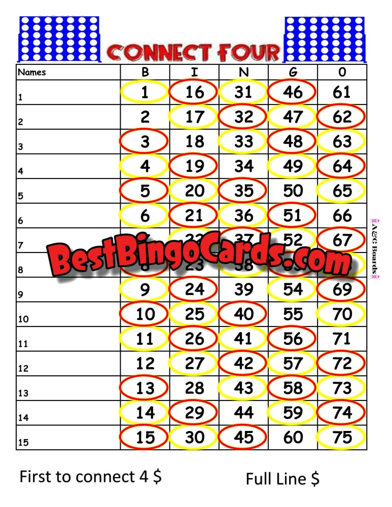 Bingo Boards 1-15 Lines - Connect4 Straight Mixed 75 Ball Sets