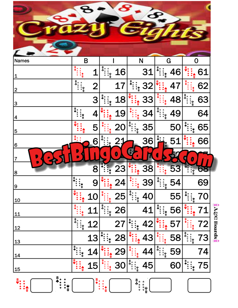 Bingo Boards 1-15 Lines - Crazy Eights Straight Mixed 75 Ball Sets