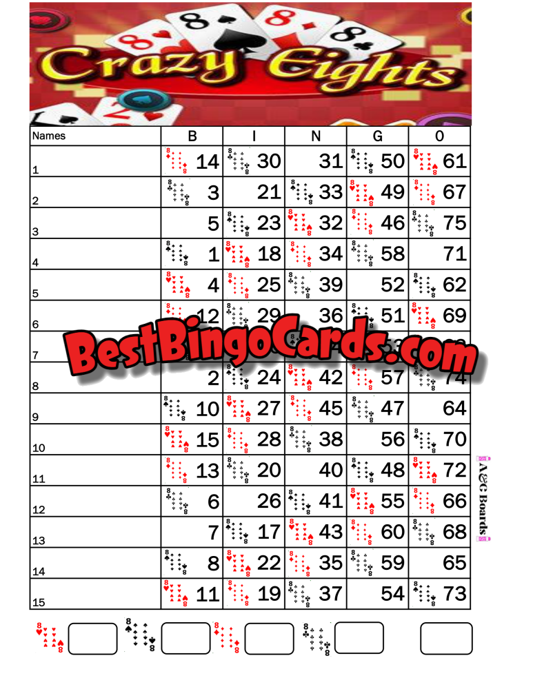 Bingo Boards 1-15 Lines - Crazy Eights Straight Mixed 75 Ball Sets