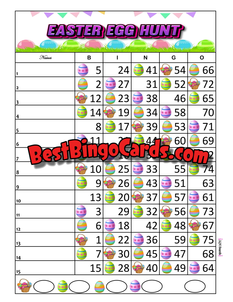 Bingo Boards 1-15 Lines - Easter Egg Hunt Straight Mixed 75 Ball Sets
