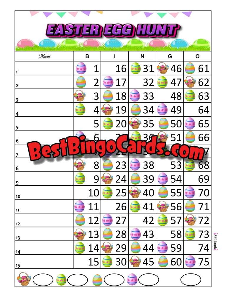 Bingo Boards 1-15 Lines - Easter Egg Hunt Straight Mixed 75 Ball Sets