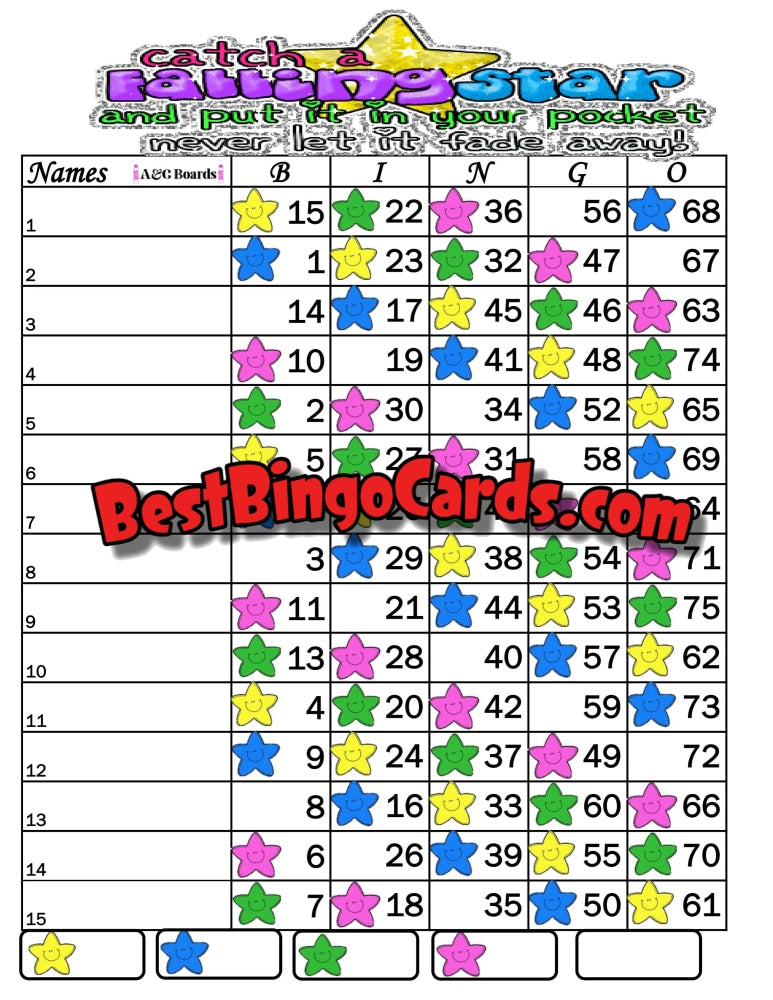 Bingo Boards 1-15 Lines - Falling Star Straight Mixed 75 Ball Sets