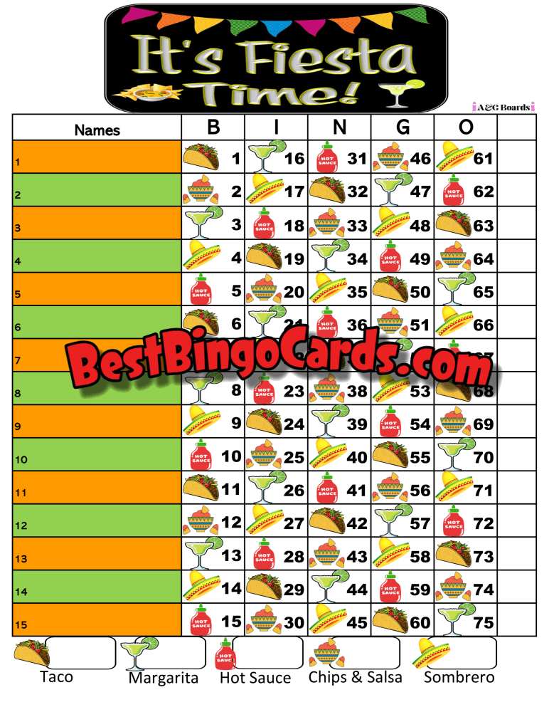 Bingo Boards 1-15 Lines - Fiesta Time Straight Mixed 75 Ball Sets