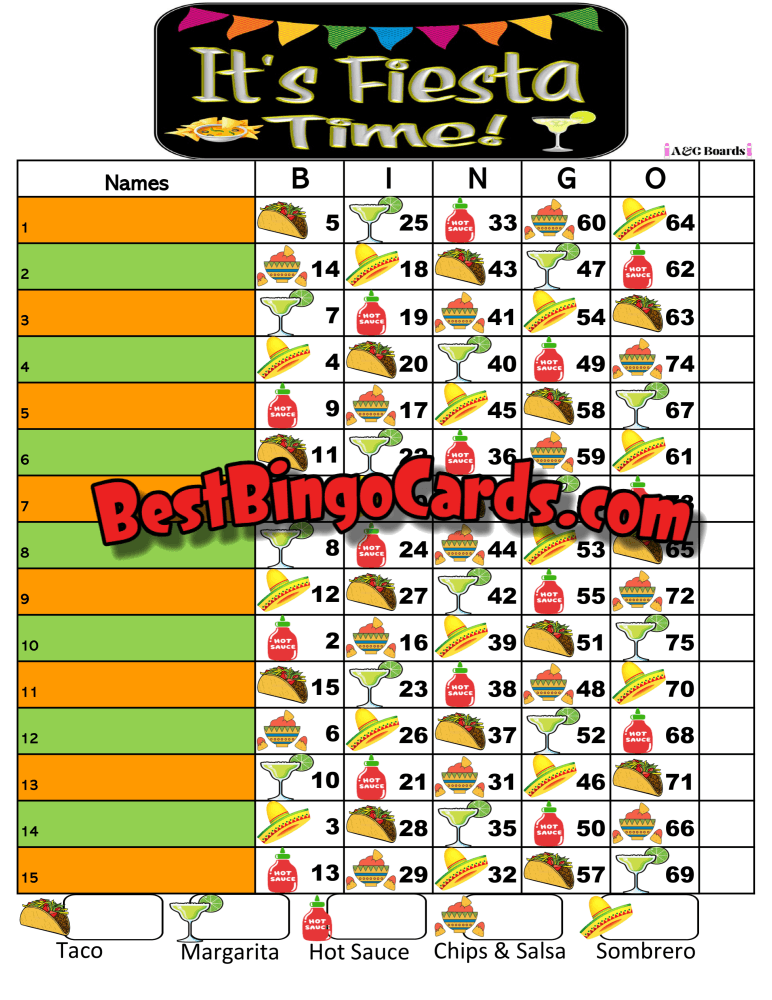 Bingo Boards 1-15 Lines - Fiesta Time Straight Mixed 75 Ball Sets