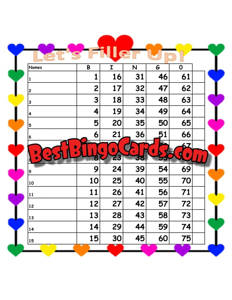 Bingo Boards 1-15 Lines - Filler Up Straight Mixed 75 Ball Sets