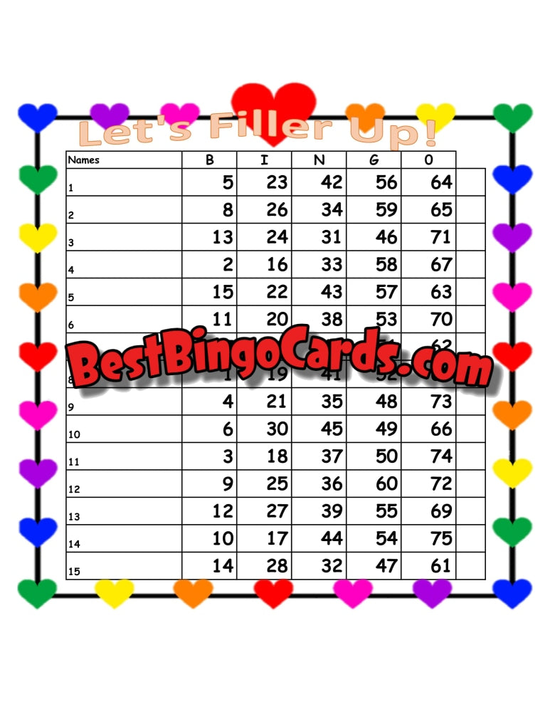 Bingo Boards 1-15 Lines - Filler Up Straight Mixed 75 Ball Sets